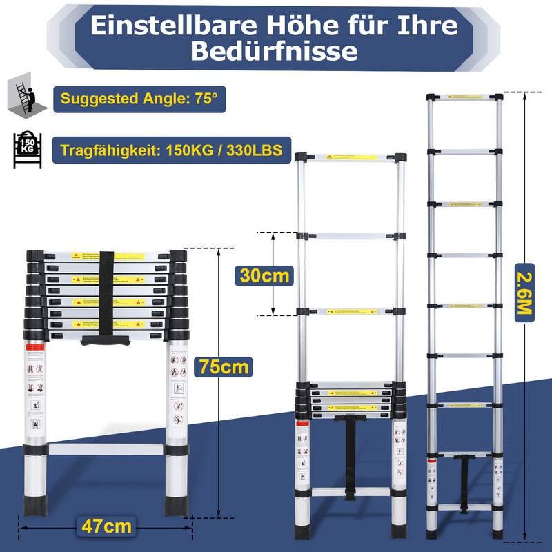 Teleskopleiter Klappbar 2,6M Multifunktionsleiter Aluminium Anlegeleiter Mehrzweckleiter Ausziehbare Leite 9 Stufe Stehleiter aus Hochwertigem 150KG