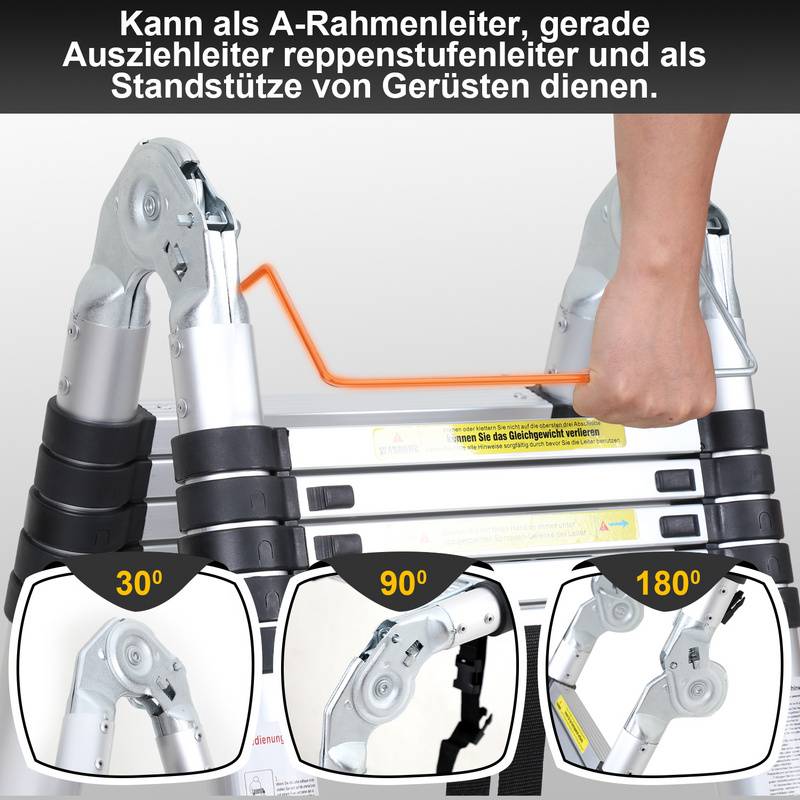 Teleskopleiter Klappbar 3,8M Multifunktionsleiter Aluminium Anlegeleiter Mehrzweckleiter Ausziehbare Leite 13 Stufe Stehleiter aus Hochwertigem
