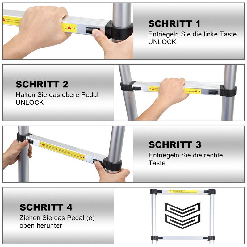 Teleskopleiter Klappbar 4,4M Multifunktionsleiter Aluminium Anlegeleiter Mehrzweckleiter Ausziehbare Leite 15 Stufe Stehleiter aus Hochwertigem