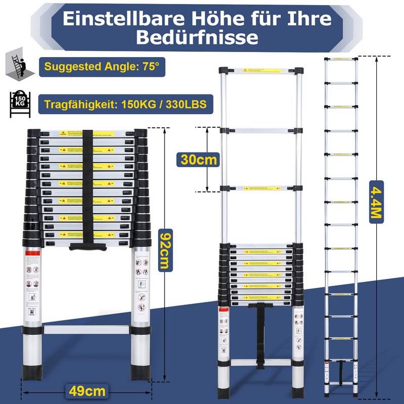 Teleskopleiter Alu Leichtgewicht Rutschfester Anlegeleiter 3,8m Silber Multifunktionsleiter Mehrzweckleiter Ausziehbare Leiter 15 Stufe Stehleiter