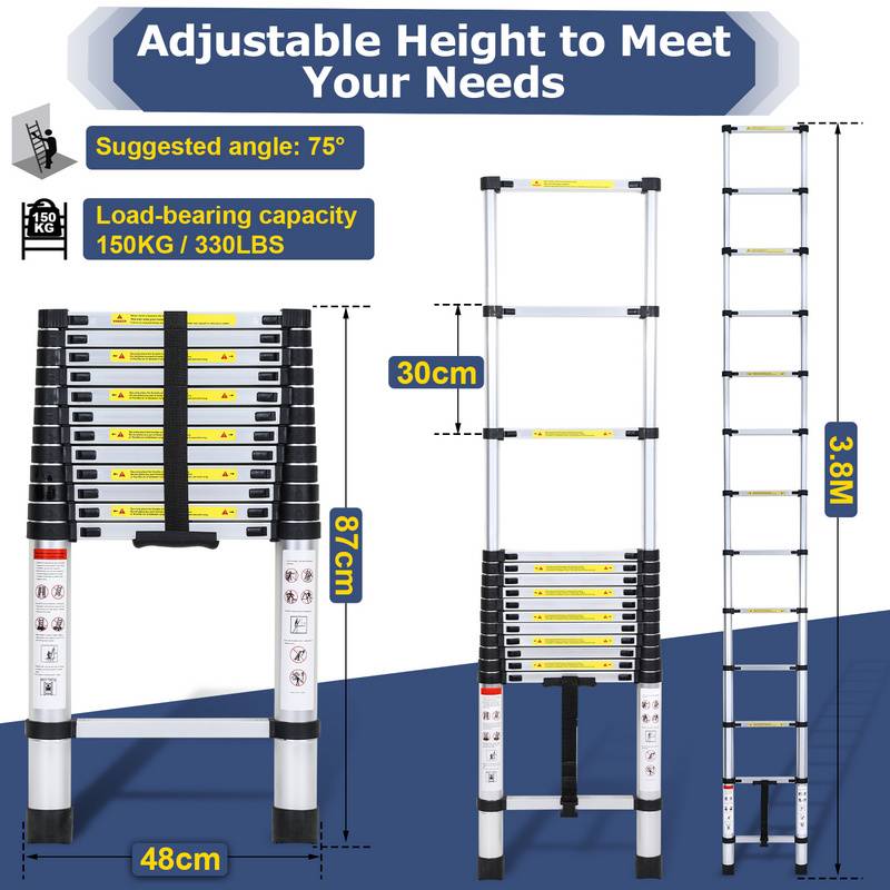 Teleskopleiter Alu Leichtgewicht Rutschfester Anlegeleiter 4,4m Silber Multifunktionsleiter Mehrzweckleiter Ausziehbare Leiter 15 Stufe Stehleiter