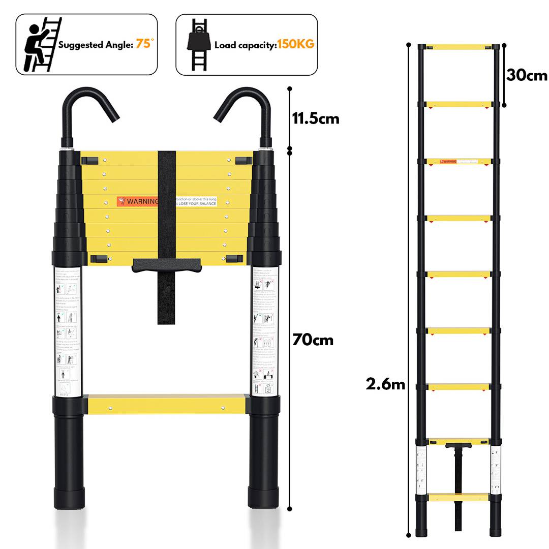 Klappbare Leiter mit Abmessungen und Spezifikationen: empfohlener Winkel 75°, Tragfähigkeit 150kg, 2,6m Höhe, 70cm Breite, 30cm Sprosenabstand, 11,5cm oberer Bereich.