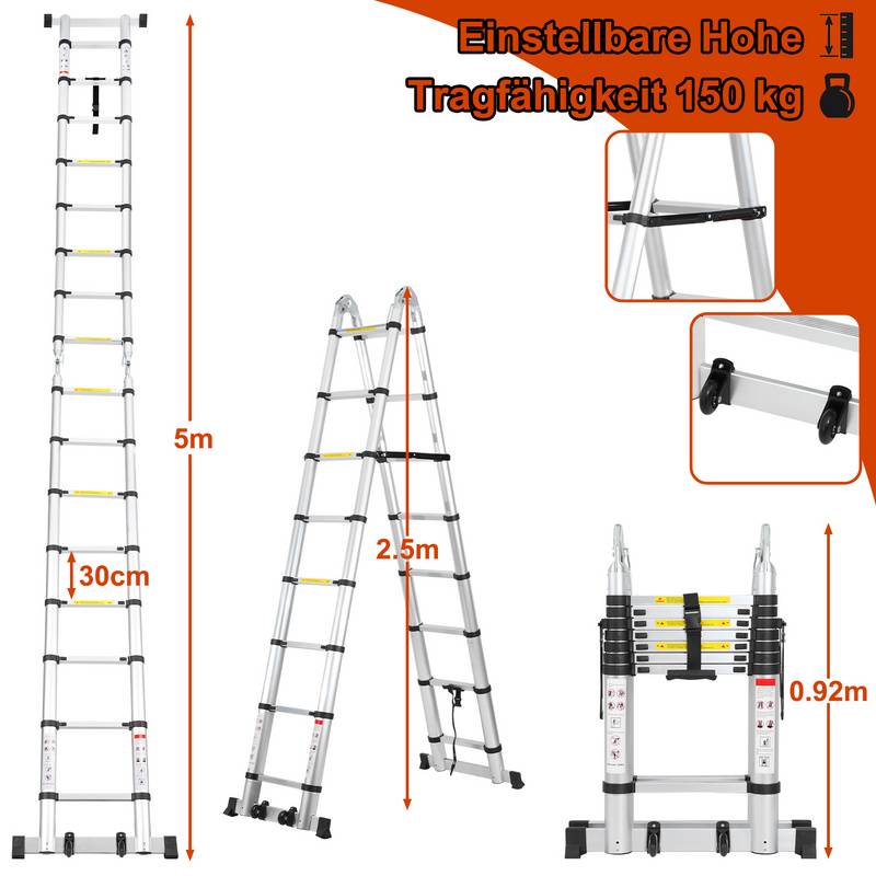 Alu Teleskopleiter 2.5M+2.5M Klappleiter Stehleiter Schiebeleiter Mehrzweckleiter Leiter Anlegeleiter Aluleiter (2.5M+2.5M) Silber