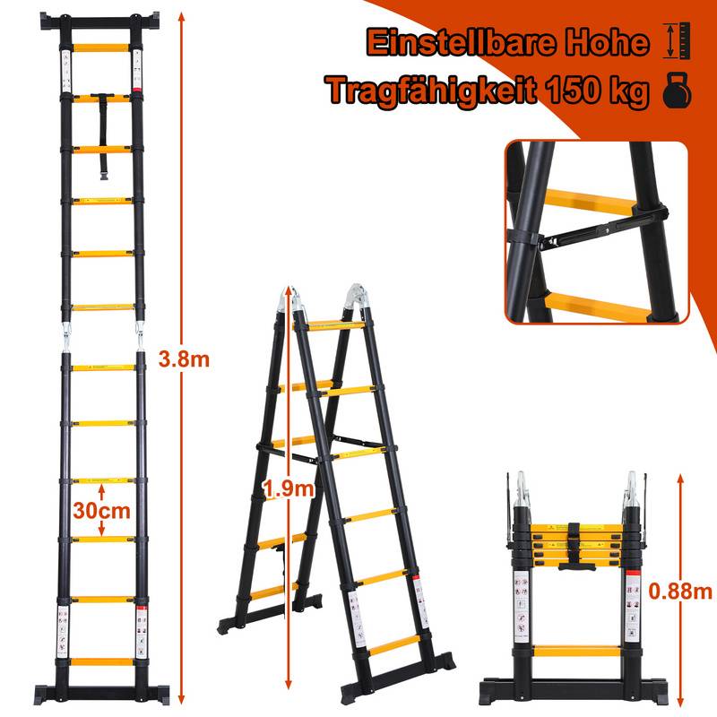 Alu Teleskopleiter 1.9M+1.9M Klappleiter Stehleiter Schiebeleiter Mehrzweckleiter Leiter Anlegeleiter Aluleiter (1.9M+1.9M) schwarz