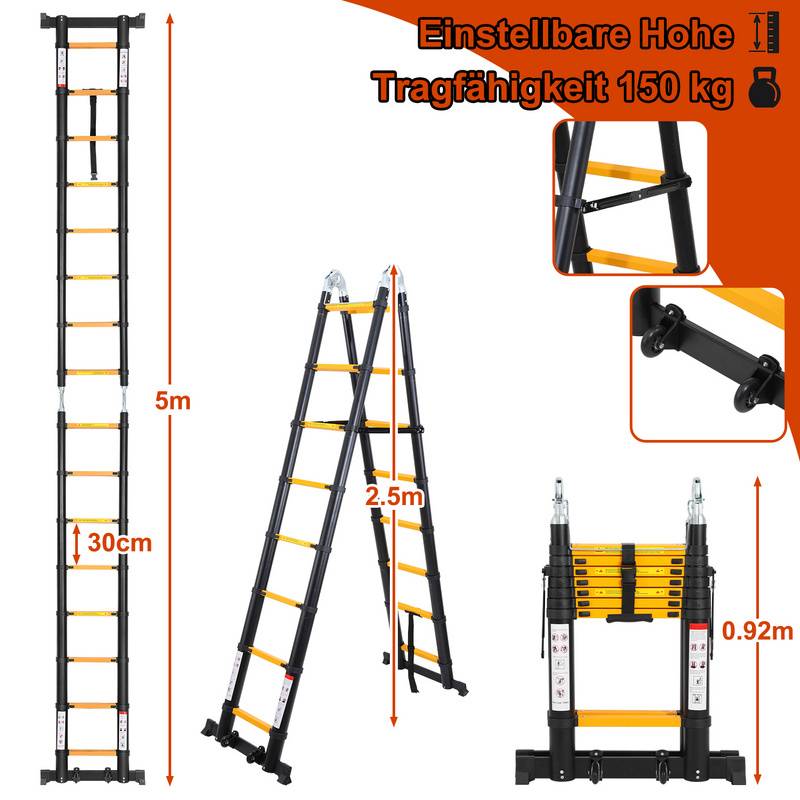 Teleskopleiter Multifunktionsleiter Ausziehleiter 2,5M+2,5M Klappleiter 16 Sprossen Schwarz Mehrzweckleiter