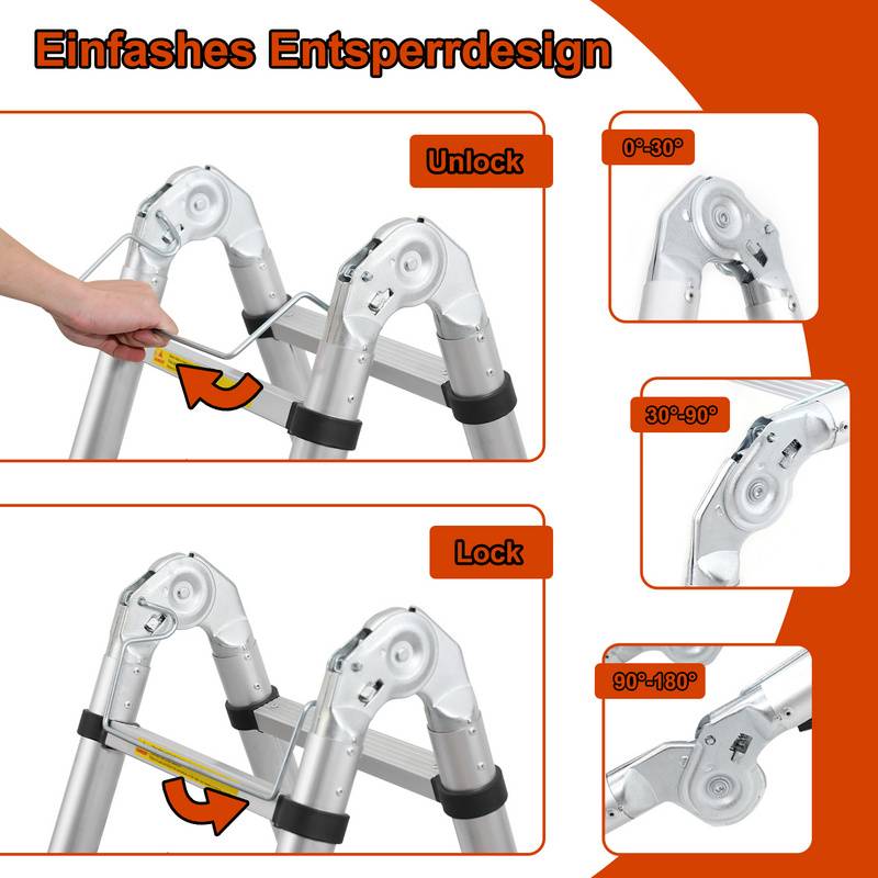 Alu Teleskopleiter 1.9M+1.9M Klappleiter Stehleiter Schiebeleiter Mehrzweckleiter Leiter Anlegeleiter Aluleiter (1.9M+1.9M) Silber