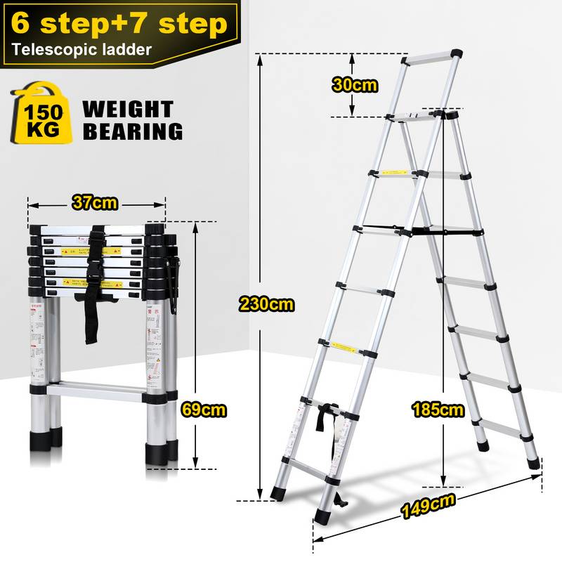 Alu Teleskopleiter 2.0m+2.3m Klappleiter Stehleiter Schiebeleiter Mehrzweckleiter Leiter Anlegeleiter Aluleiter (2.0m+2.3m)
