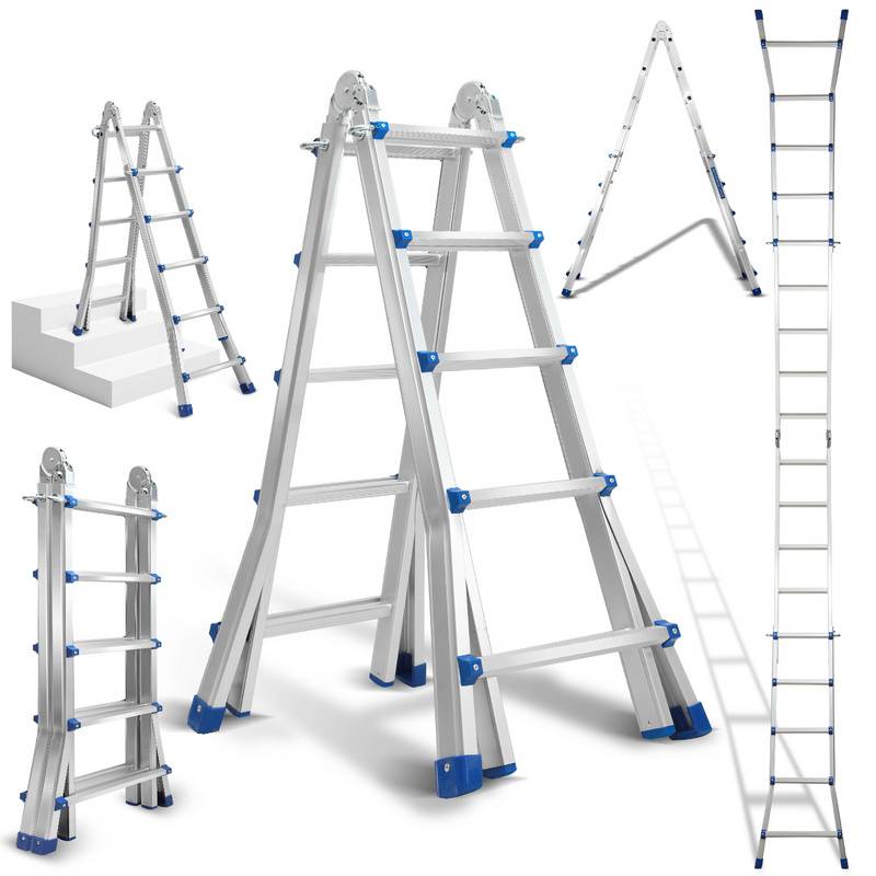 Teleskopleiter Alu Leichtgewicht 4x4 Ebene Silber +multifunktion Multifunktionsleiter Mehrzweckleiter Ausziehbare Leiter 15 Stufe Stehleiter aus