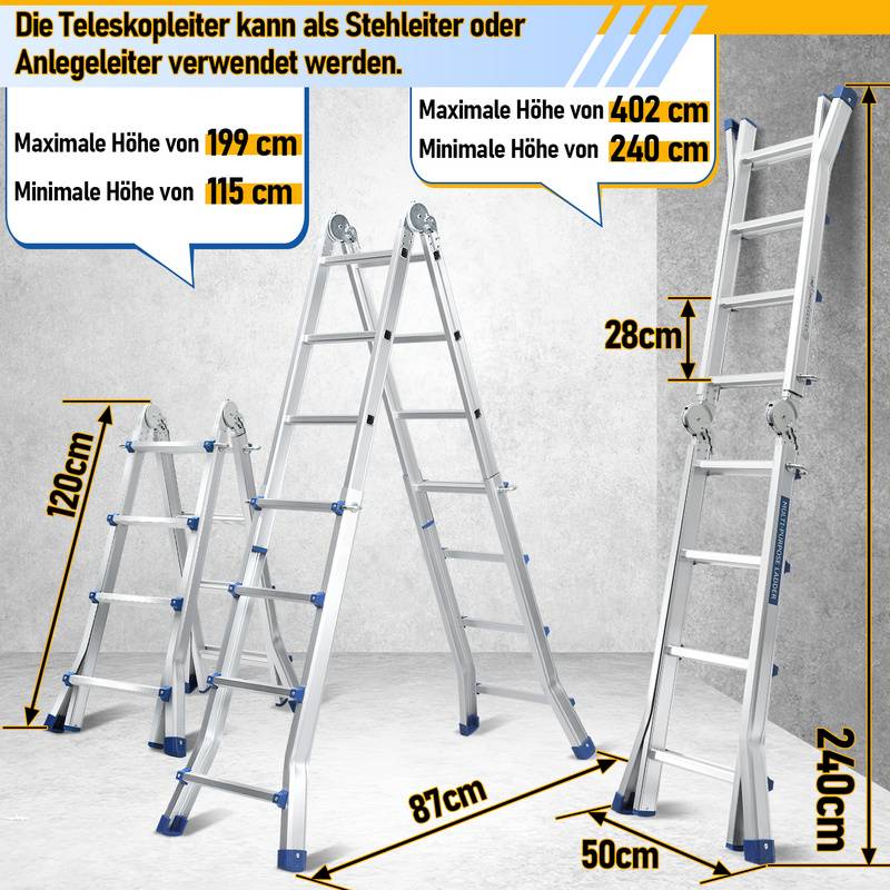 Teleskopleiter Alu Leichtgewicht 4x4 Ebene Silber +multifunktion Multifunktionsleiter Mehrzweckleiter Ausziehbare Leiter 15 Stufe Stehleiter aus