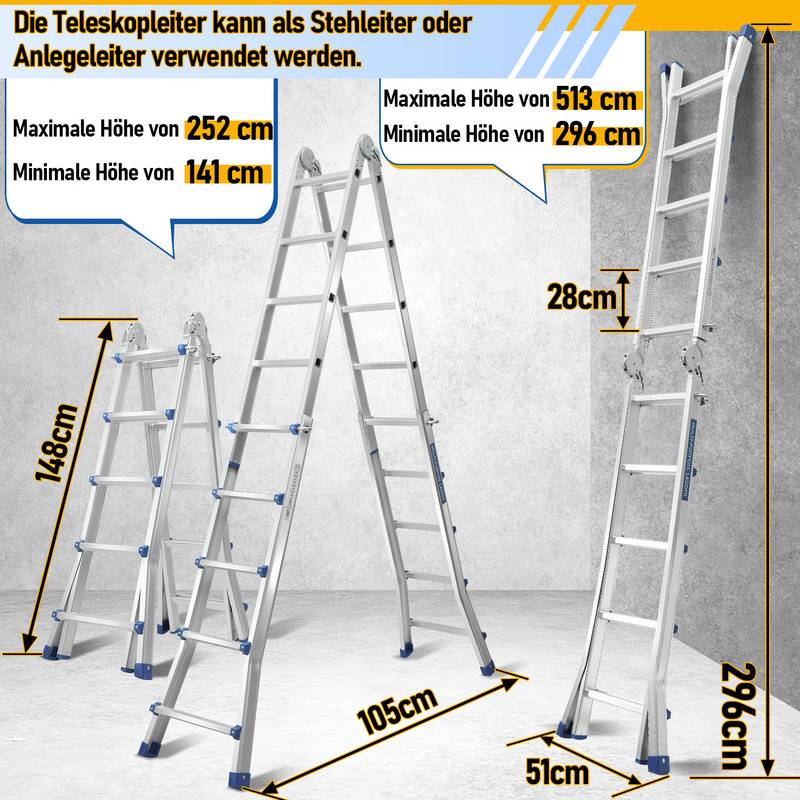 Multifunktionsleiter Teleskopleiter Klappbar 4*5Stufe Aluminium Anlegeleiter Mehrzweckleiter Ausziehbare Leite tehleiter aus Hochwertigem 150KG