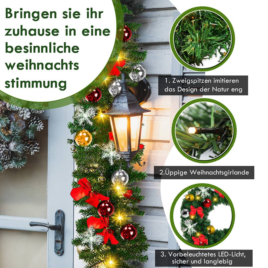 Weihnachtsgirlande Deko Weihnachten Girlande Tannengirlande Innen &amp; Außen Weihnachtsdeko Kunstgirlande 5m 100 LEDs mit dekorativen