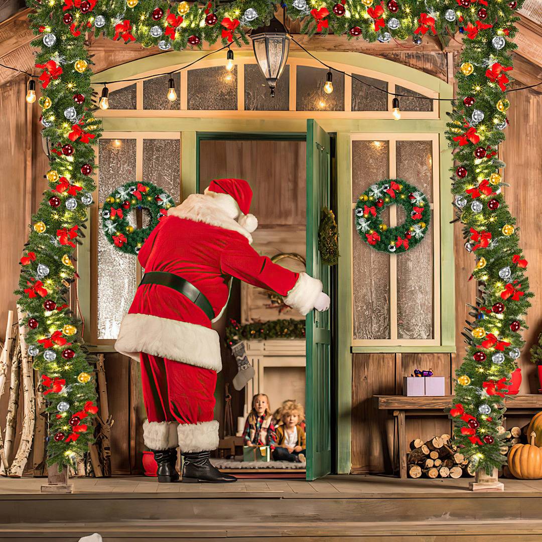 Der Weihnachtsmann öffnet die festlich geschmückte Haustür eines Ferienhauses, während zwei Kinder drinnen zusehen, umrahmt von Weihnachtsgirlanden und Kränzen.