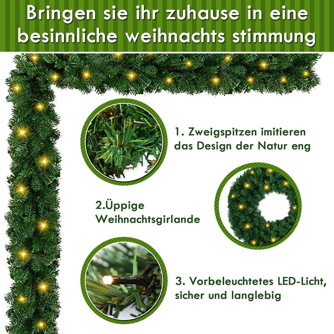 Weihnachtsgirlande Deko Weihnachten Girlande Tannengirlande Innen &amp; Außen Weihnachtsdeko Kunstgirlande 5m 100 LEDs mit dekorativen