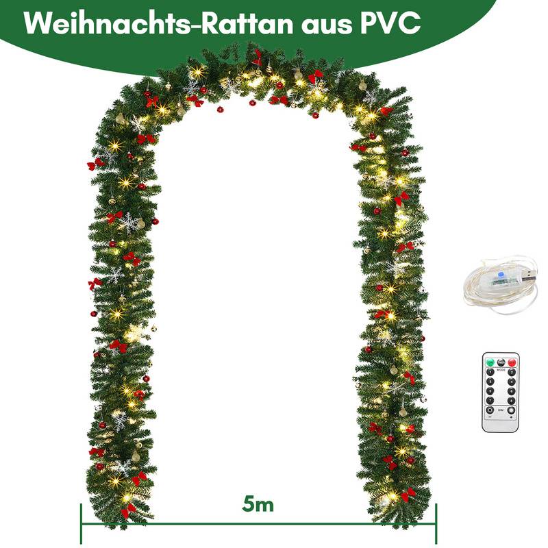 Weihnachtsgirlande Deko Weihnachten Girlande Tannengirlande Innen & Außen Weihnachtsdeko Kunstgirlande 5m 100 LEDs mit dekorativen + Fernbedienung