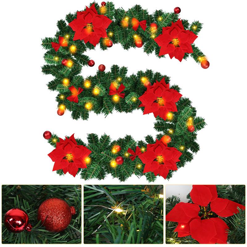 Weihnachtsgirlande Deko Weihnachten Girlande Tannengirlande Innen & Außen Weihnachtsdeko Kunstgirlande 2.7m 50 LEDs mit Rot dekorativen