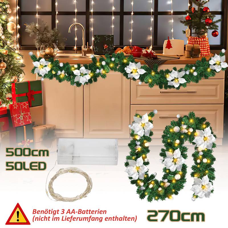 Weihnachtsgirlande Deko Weihnachten Girlande Tannengirlande Innen & Außen Weihnachtsdeko Kunstgirlande 2.7m 50 LEDs mit Silber dekorativen