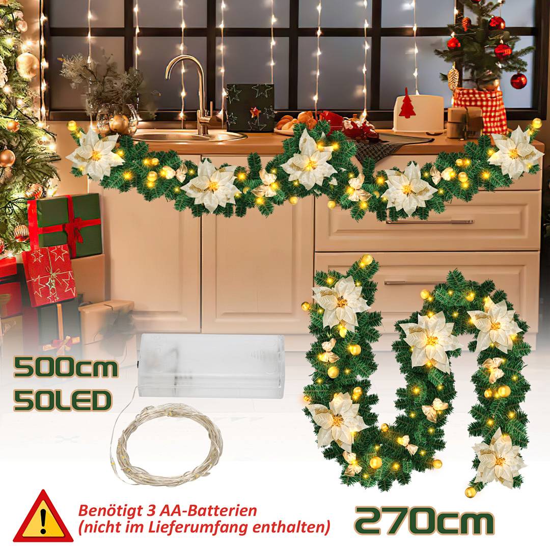 Weihnachtsgirlande Deko Weihnachten Girlande Tannengirlande Innen &amp; Außen Weihnachtsdeko Kunstgirlande 2.7m 50 LEDs mit Gold dekorativen