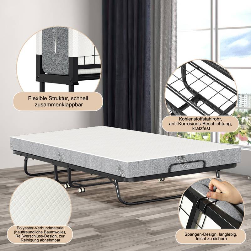 90x200cm klappbar Gästebett Klappbett mit Matratze bis 150kg, auf Rädern Tragbares Design