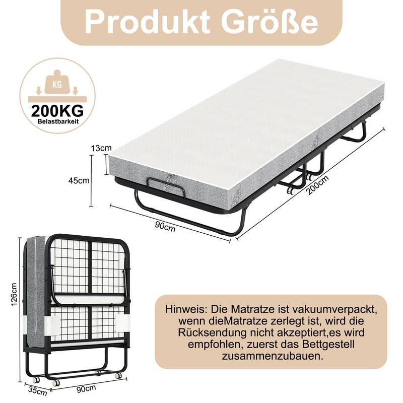 90x200cm klappbar Gästebett Klappbett mit Matratze bis 150kg, auf Rädern Tragbares Design