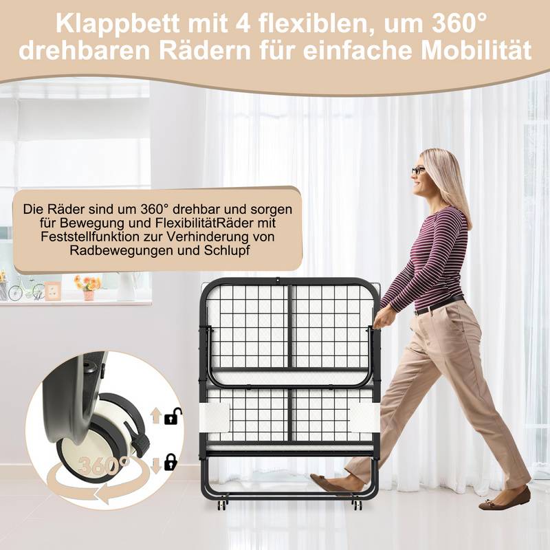 90x200cm klappbar Gästebett Klappbett mit Matratze bis 150kg, auf Rädern Tragbares Design