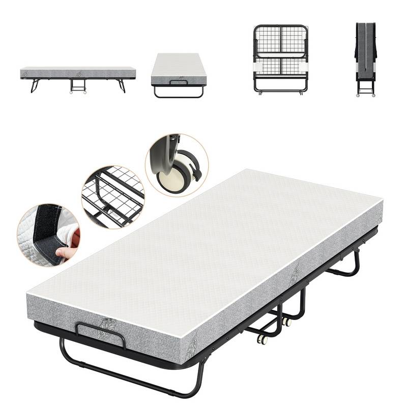 90x200cm Gästebett Klappbett mit Matratze und Schutzhülle bis 150kg, auf Rädern