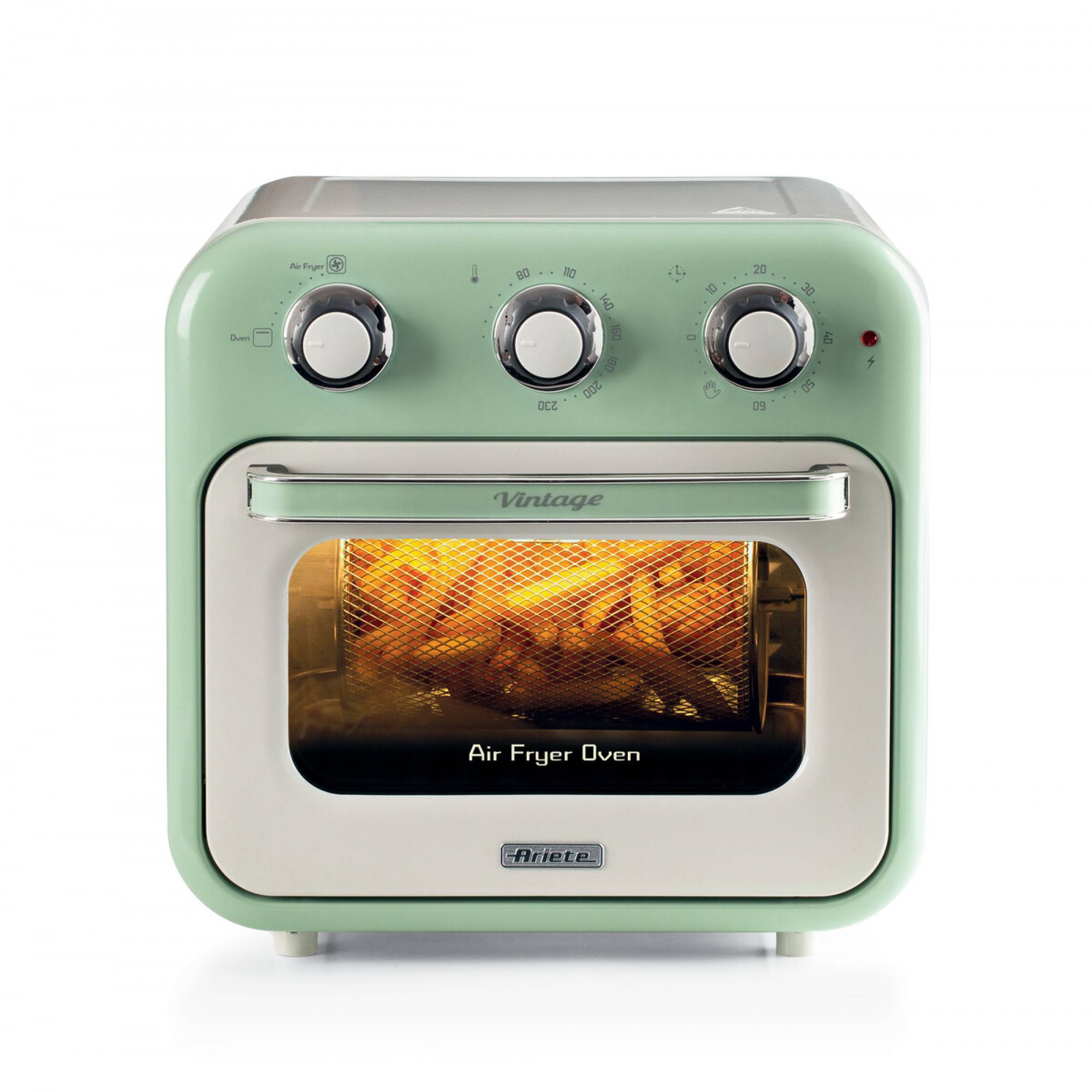 Mintgrün gefärbter Vintage-Stil-Heißluftfriteuse-Ofen mit drei Bedienungsknöpfen, Frontfenster zeigt garen Lebensmittel, beschriftet mit „Air Fryer Oven".