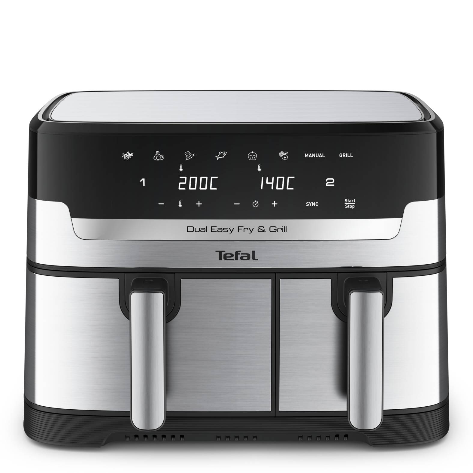 Frontansicht eines Tefal Dual Easy Fry & Grill Heißluftfritteuers mit zwei Körben und angezeigten digitalen Temperaturreglern