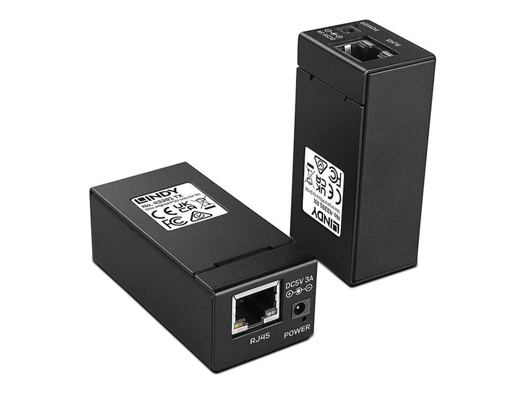 Zwei schwarze rechteckige Netzadaptergeräte mit der Bezeichnung 'INDY'; eines zeigt einen RJ45-Anschluss und eine Stromversorgungsbuchse.