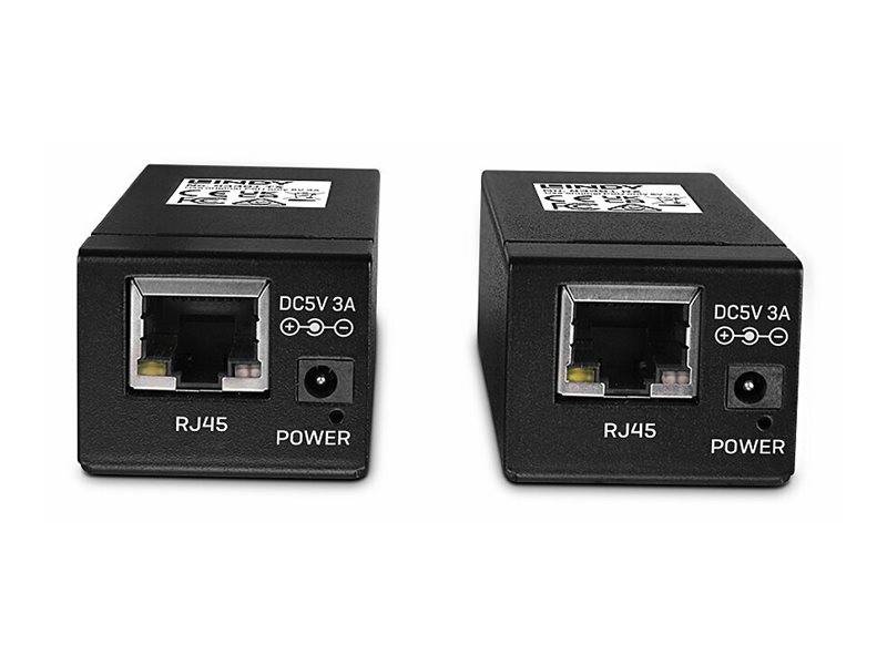 Zwei schwarze RJ45-Netzwerkgeräte nebeneinander dargestellt, jedes mit einem Ethernet-Port und DC 5V 3A Stromeingang mit den Beschriftungen „RJ45