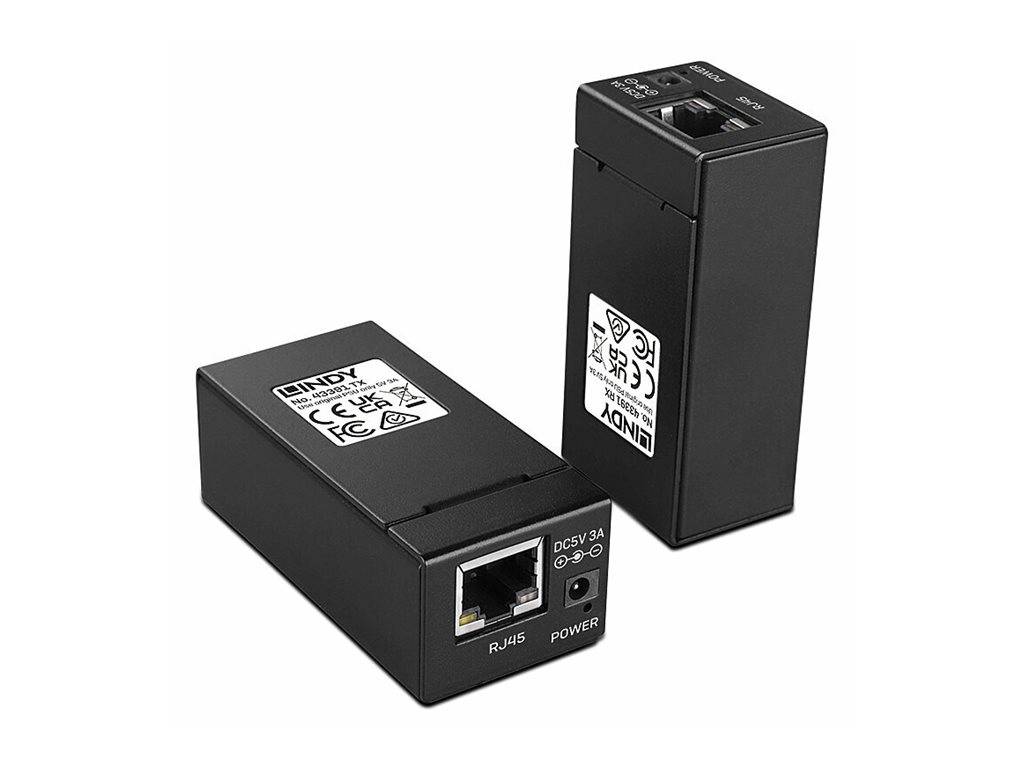Zwei schwarze Power-over-Ethernet-Adaptereinheiten, eine zeigt RJ45- und Stromversorgunganschlüsse auf weißem Hintergrund.