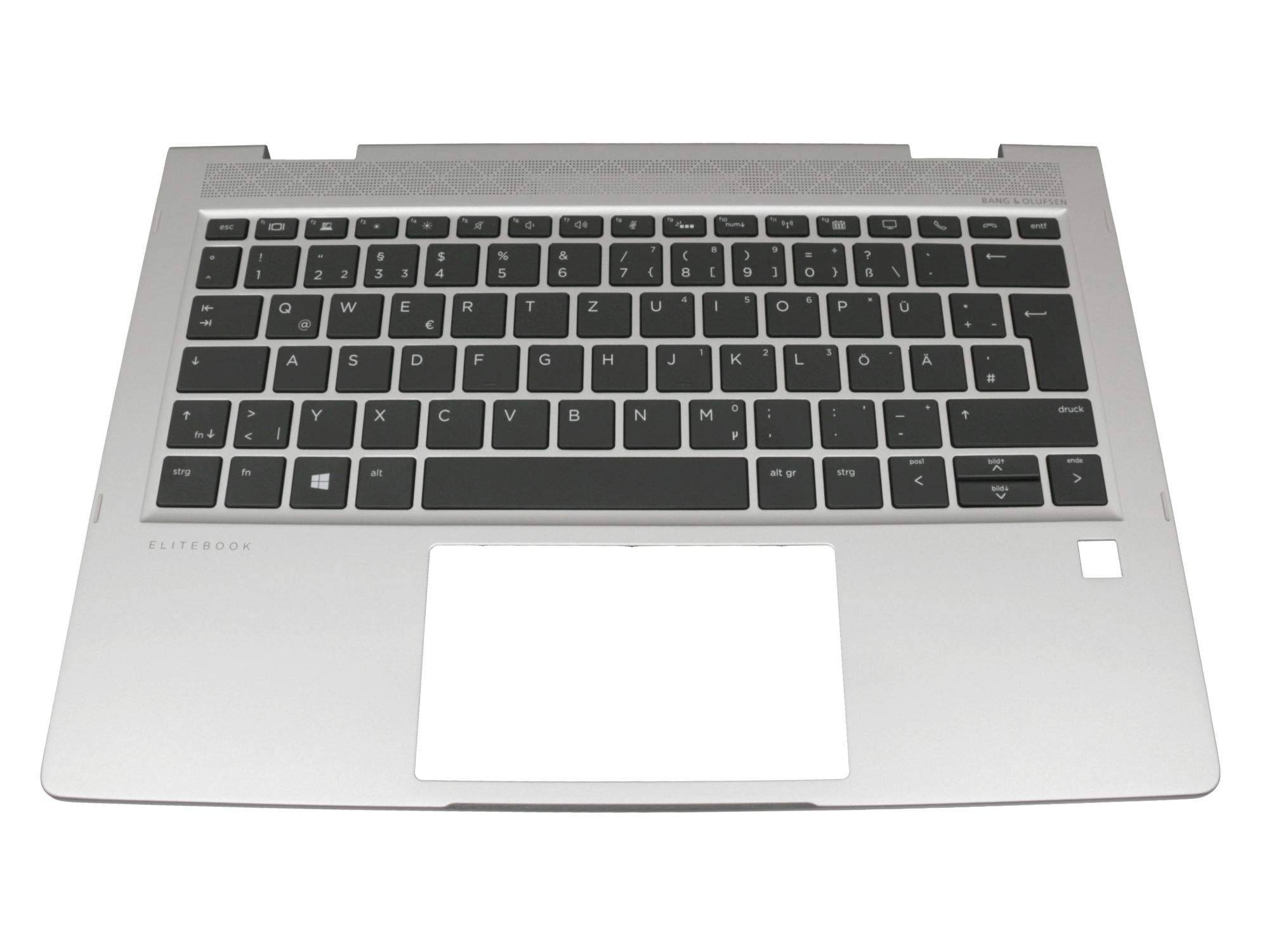 Silberne Laptop-Tastatureinheit mit Touchpad und oberer Lautsprechergitter, dargestellt ohne Bildschirm.