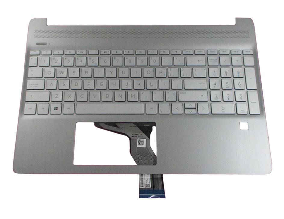 Laptop-Tastatur und silbernes Handgelenkauflage-Panel mit integrierter Touchpad-Öffnung und Flachbandkabel, shown detached auf weißem Hintergrund