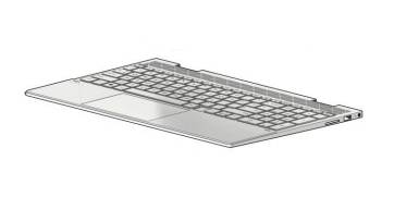 Silberne Laptop-Tastatur in schräger Ansicht auf weißem Hintergrund, mit Touchpad und schlankem Profil sichtbar.