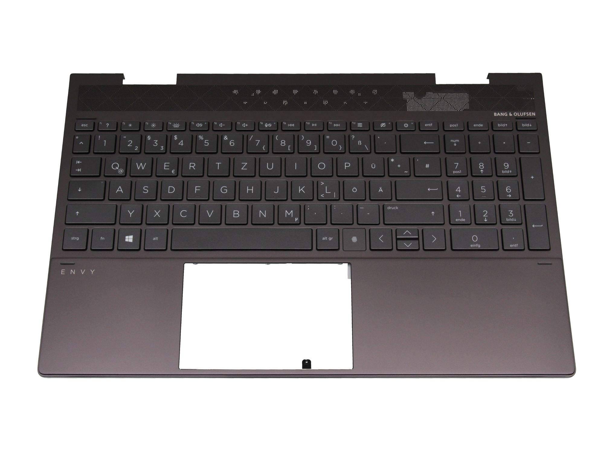 Draufsicht einer Laptop-Tastatur-Handballenauflage mit integriertem Touchpad und dunklem Gehäuse.
