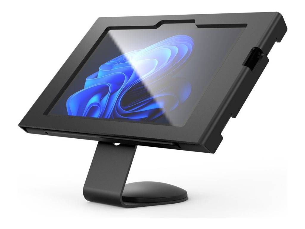 Schwarzer Ständer, der ein Tablet mit einem digitalen blauen Wirbeldesign hält.