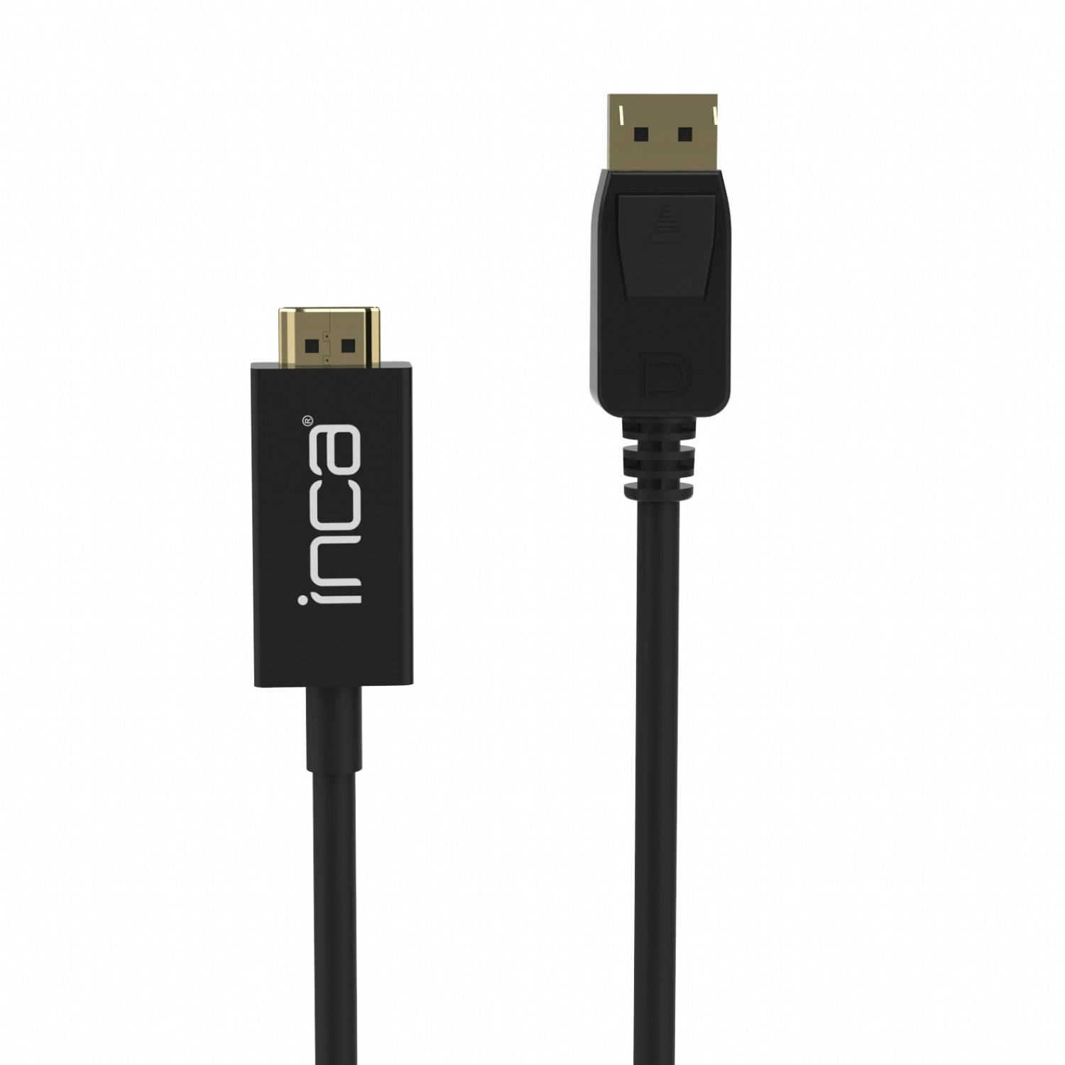 Zwei schwarze Kabel mit Steckverbindern oben, eines mit der Marke "inca"" gekennzeichnet, auf weißem Hintergrund gezeigt.