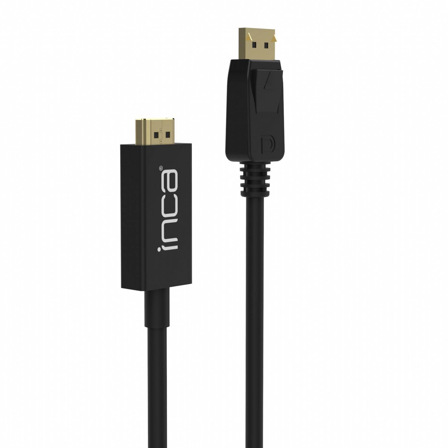 Zwei schwarze HDMI-ähnliche Steckverbinder auf weißem Hintergrund, einer mit der Bezeichnung "inca"".