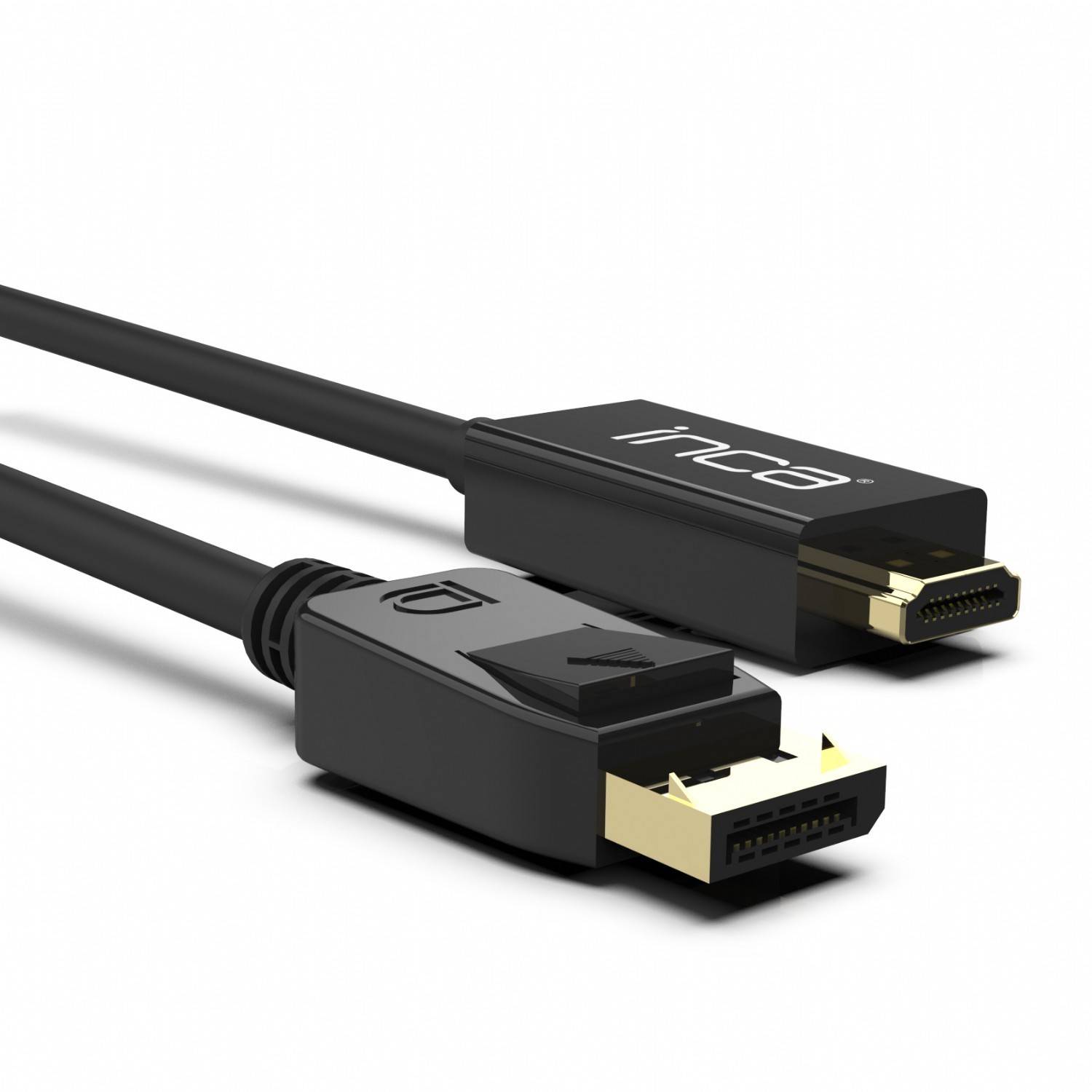 Nahaufnahme von zwei schwarzen Displaykabeln mit vergoldeten Steckern, eines beschriftet mit "inca"" und das andere mit einem DisplayPort-ähnlichen Stecker.