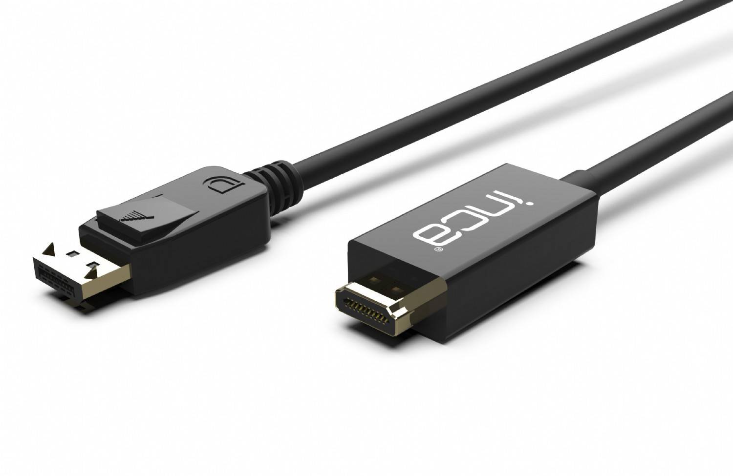 Nahaufnahme eines Kabels mit einem Standard-USB-A-Stecker an einem Ende und einem Mini-DisplayPort-Anschluss mit der Bezeichnung „moi." am anderen Ende.