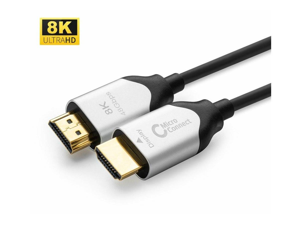 Zwei schwarze HDMI-Kabel mit vergoldeten Steckern, die von Micro Connect mit „8K