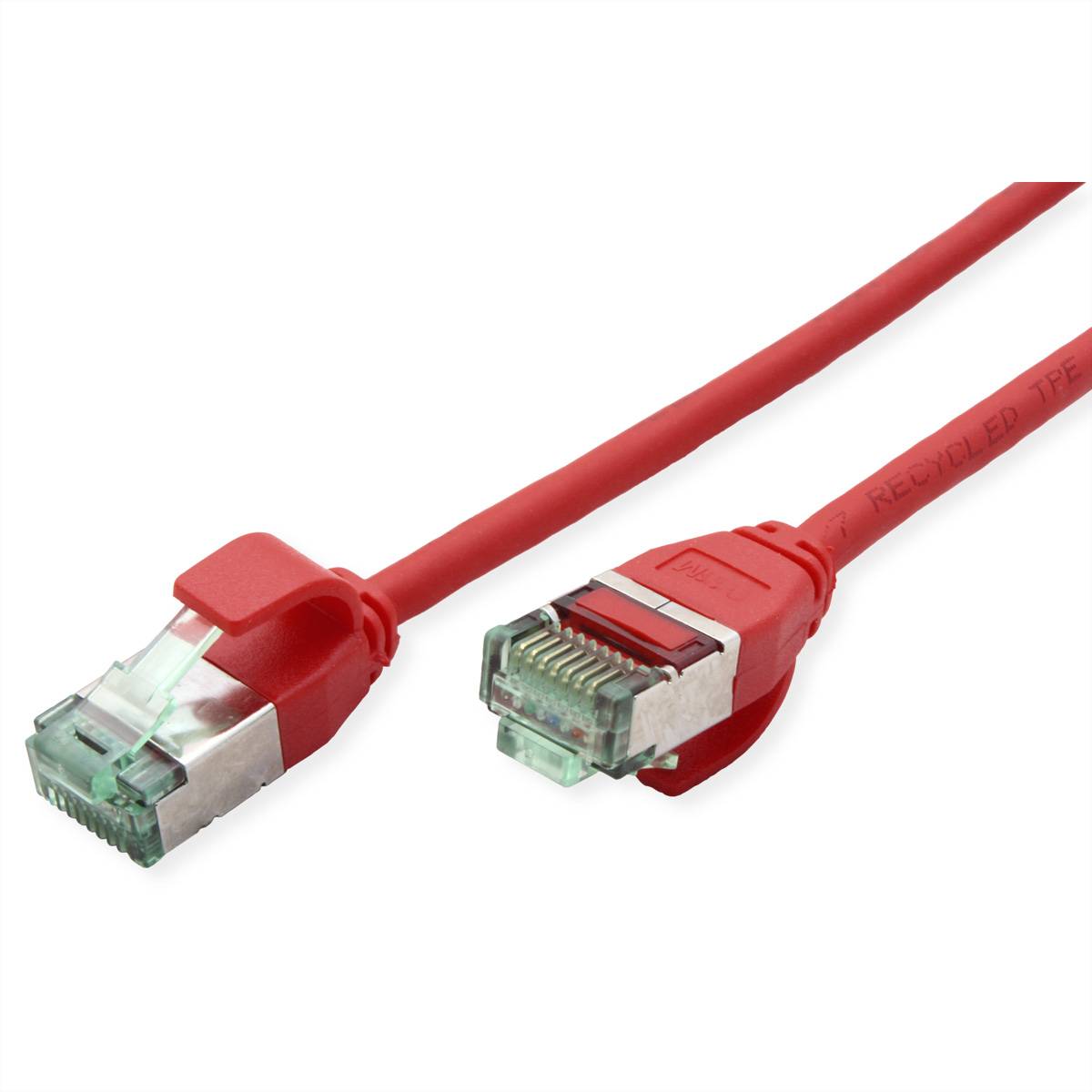 Ein rotes Ethernet-Kabel mit RJ45-Steckern an beiden Enden, das für Netzwerkverbindungen und Datenübertragung verwendet wird.