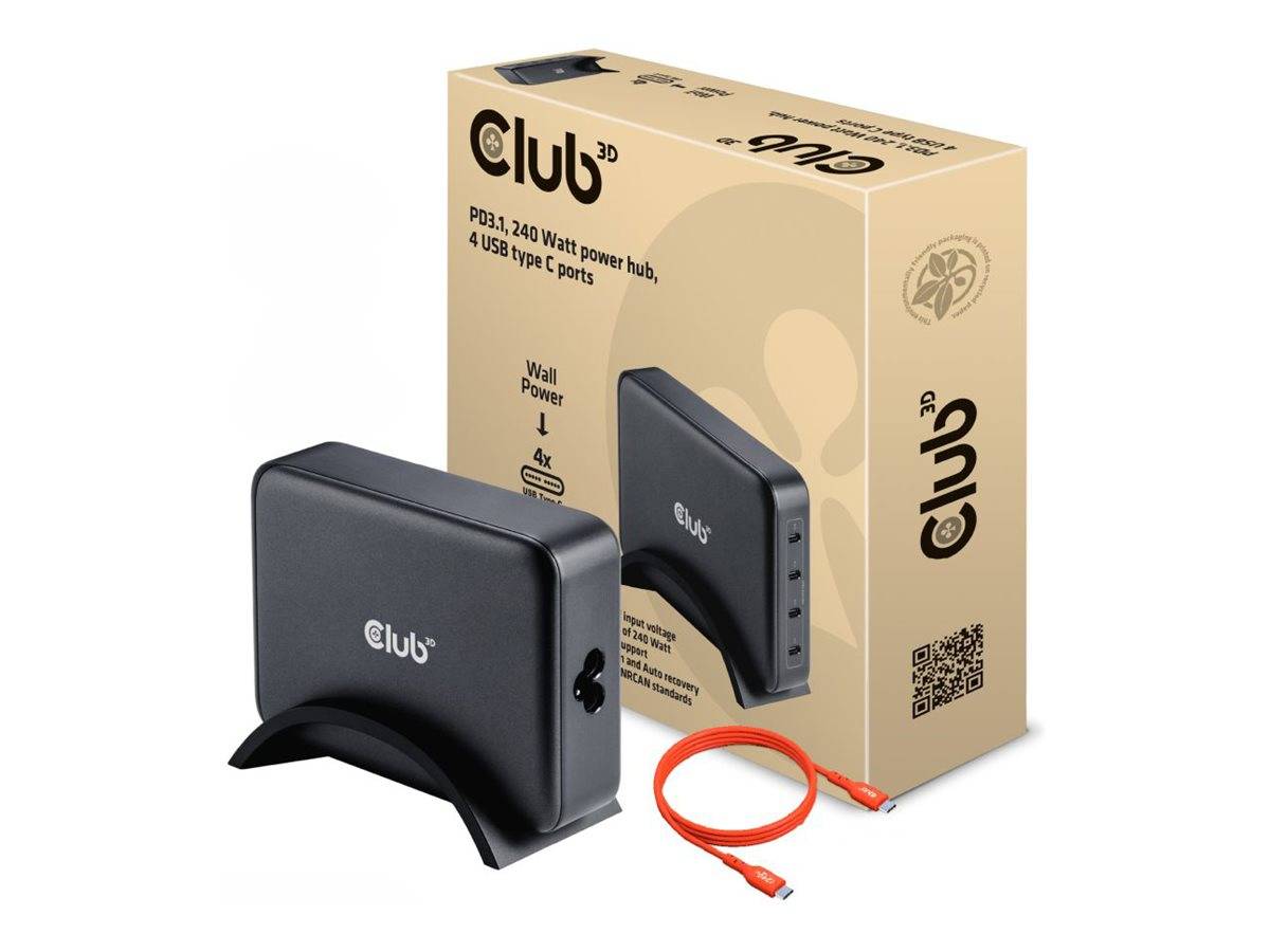 Club 3D - Netzteil - GaN-Technologie - 240 Watt - PD 3.1/PPS - 4 Ausgabeanschlussstellen (24 pin USB-C)