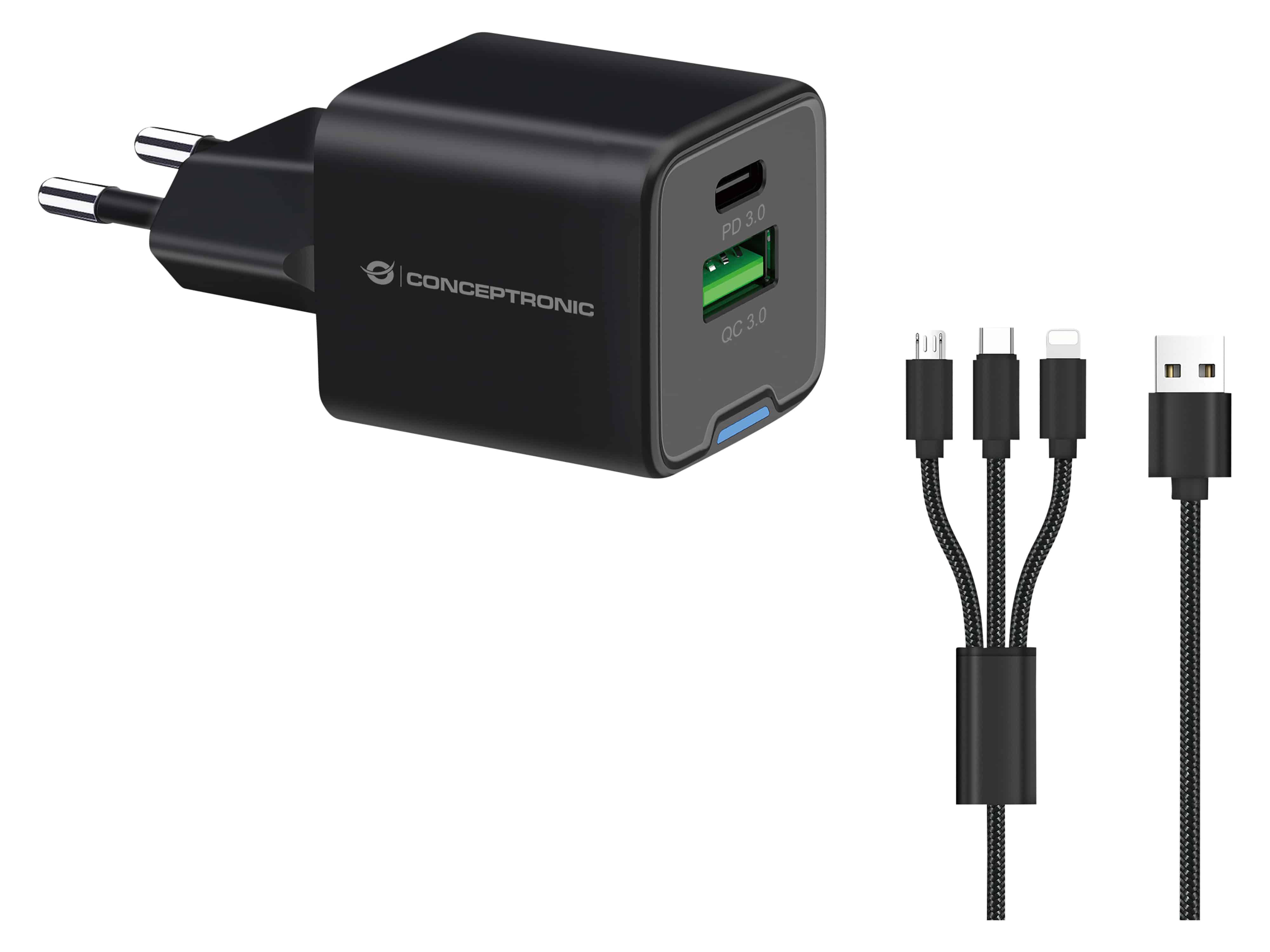 Conceptronic 2-Port 33W GaN USB PD Charger with 3-in-1 Charging Cable - USB-C x 1 - USB-a 1