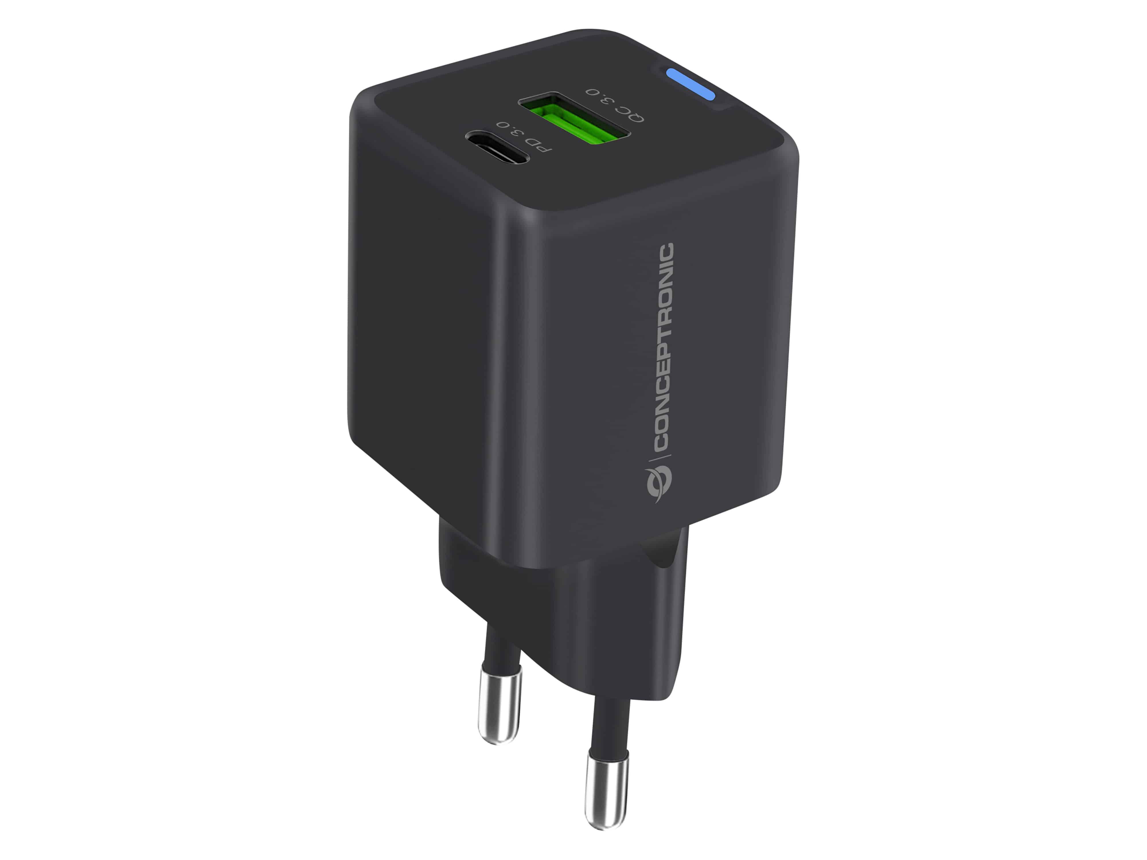 Conceptronic 2-Port 33W GaN USB PD Charger with 3-in-1 Charging Cable - USB-C x 1 - USB-a 1