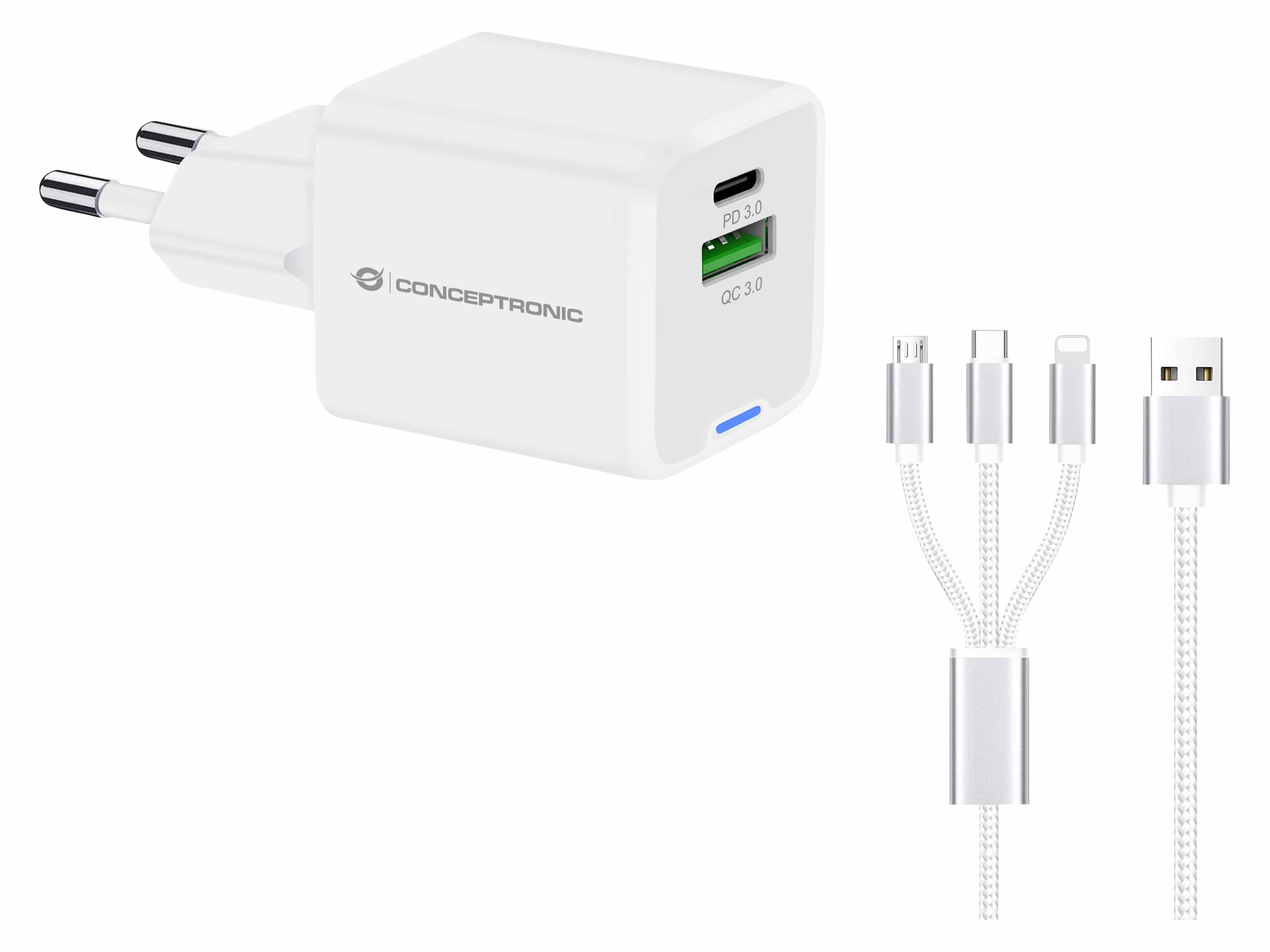 Conceptronic 2-Port 33W GaN Usb Pd Charger with 3-in-1 Charging Cable - Usb-C x 1 - Usb-a 1