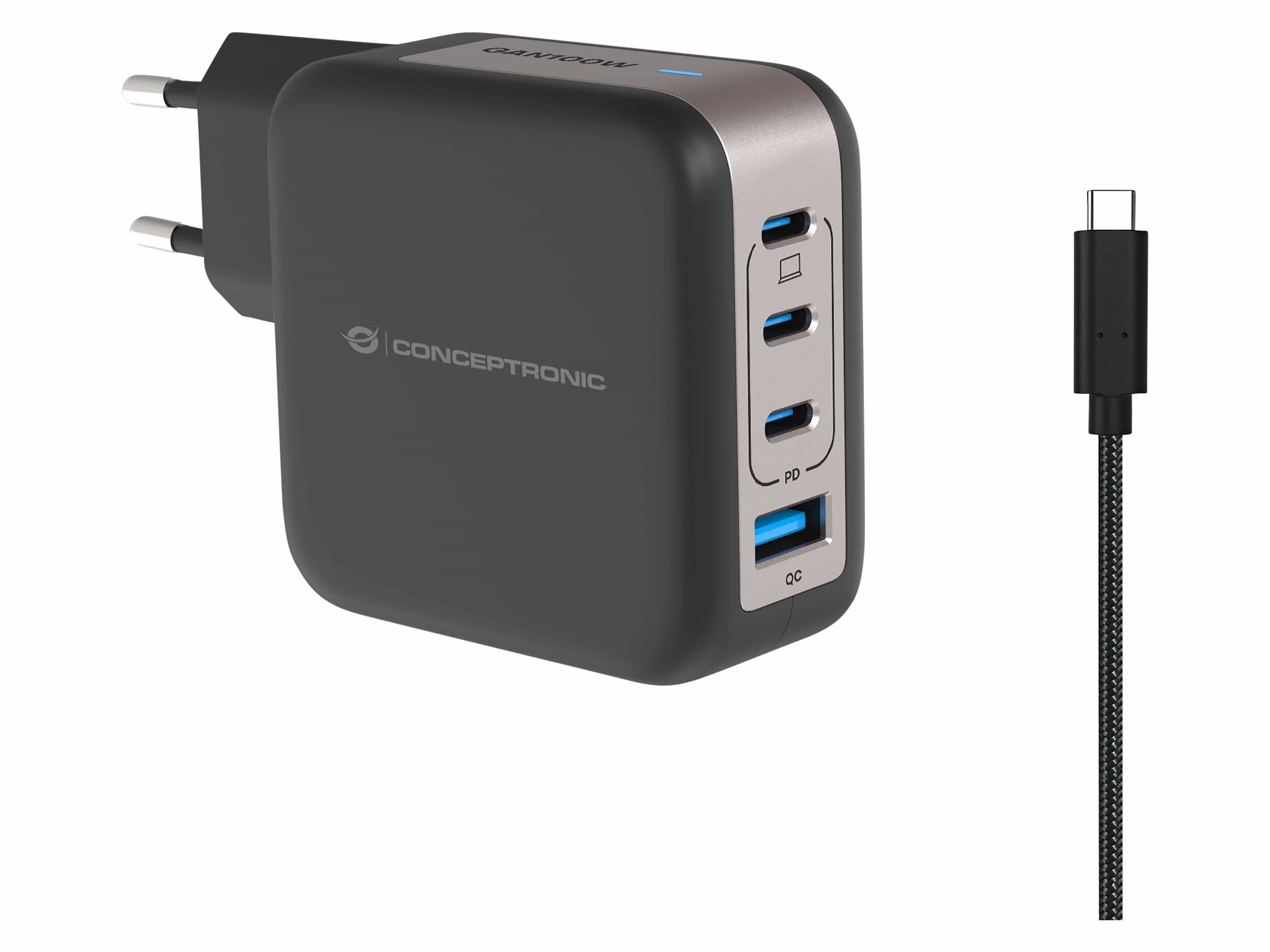 Conceptronic 4-Port 100W GaN USB PD Charger with USB-C Charging Cable - x 3 - USB-a 1
