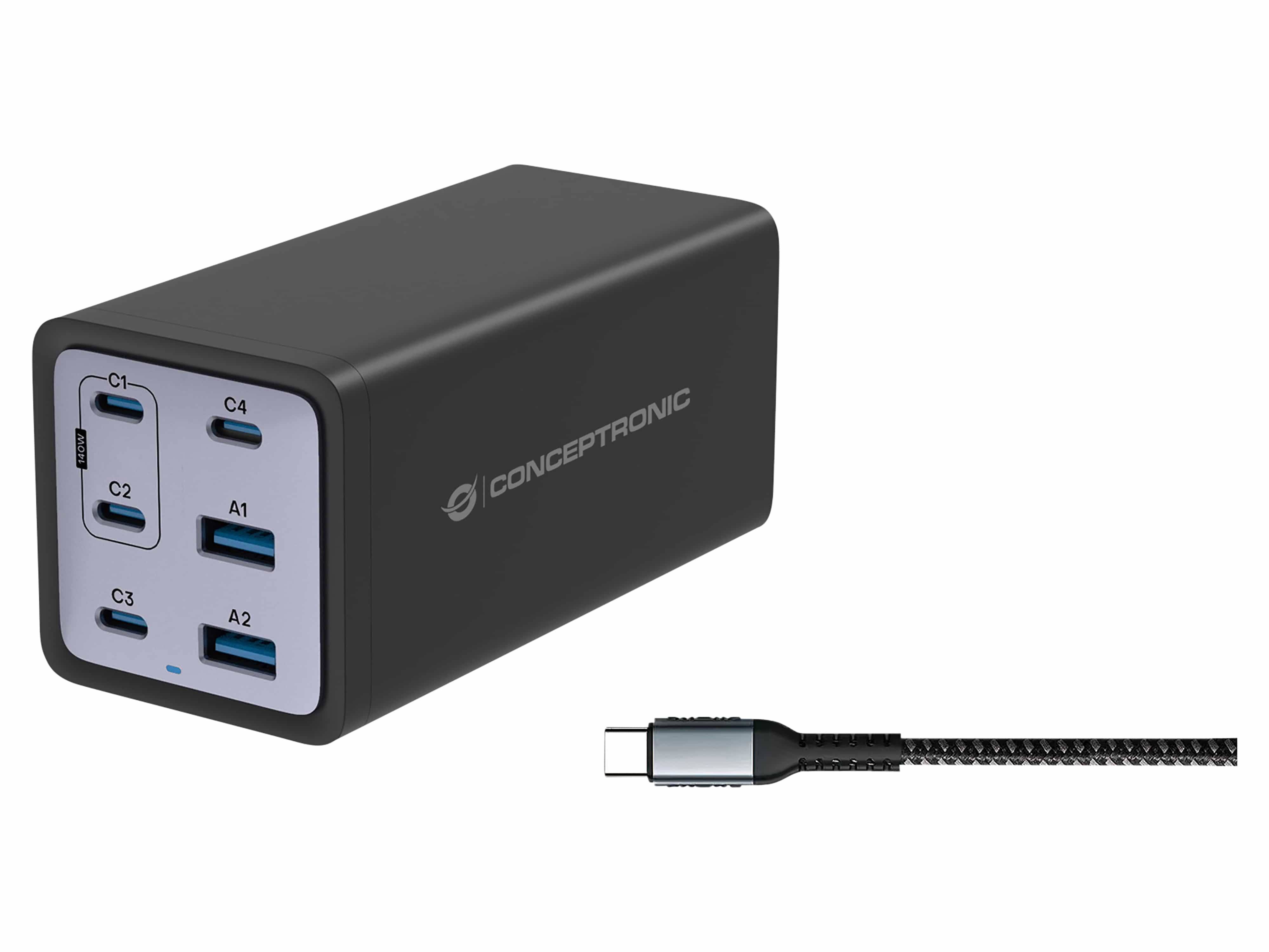 Conceptronic Netzteil - 200 Watt - Power Delivery 3.1, QC 3.0, PD 3.0 - 6 Ausgabeanschlussstellen (4 x USB-C, 2 x 9-polige USB Typ A)