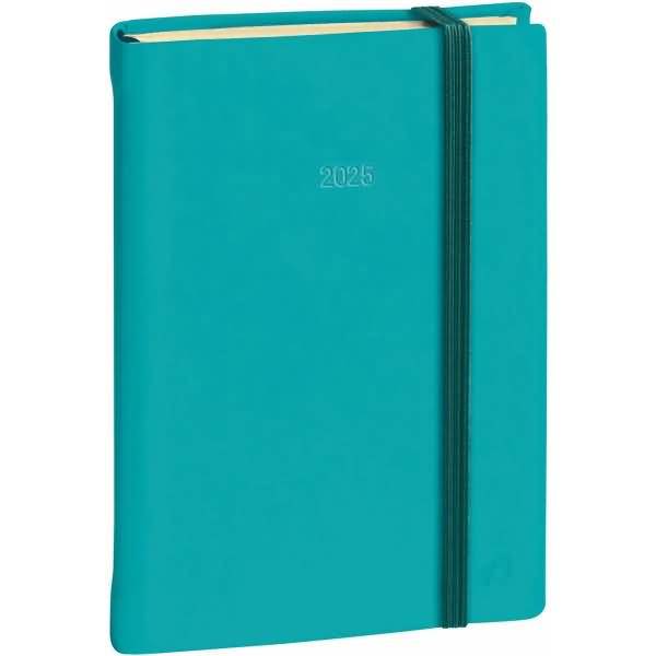 Türkises Hardcover-Planer oder Notizbuch 2025 mit Gummiband-Verschluss auf der rechten Seite.