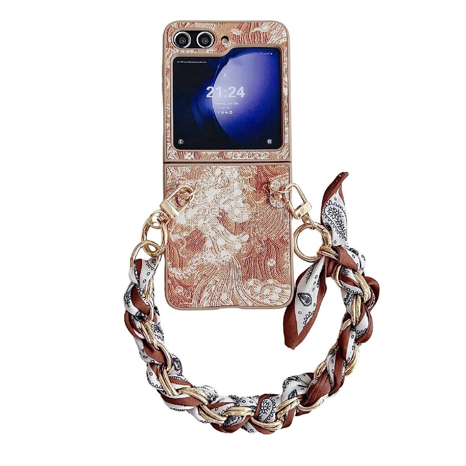 Für Samsung Galaxy Z Flip6 Stick Design Motiv Hülle und Armband Braun