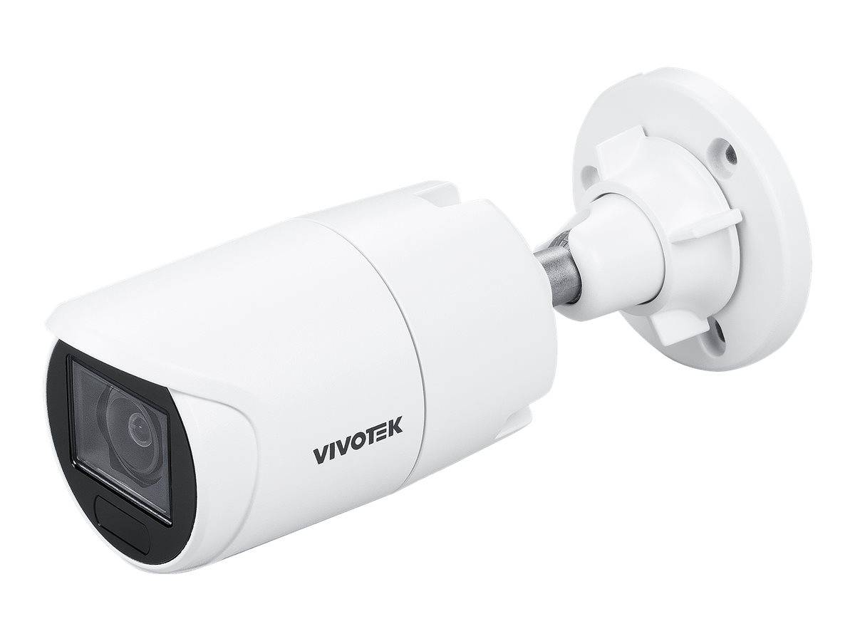 Eine weiße Sicherheitskamera der Marke 'VIVOTEK', die an einer Wandhalterung befestigt ist und für die Überwachung positioniert wurde.